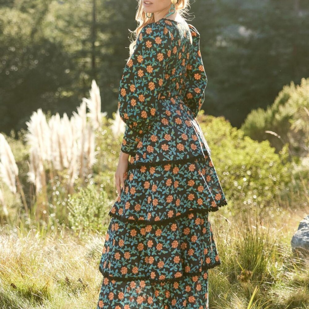 Brenda Tiered Skirt - Faded Black/Bright Clementine & Moss Floral - Picture 4 of 7
